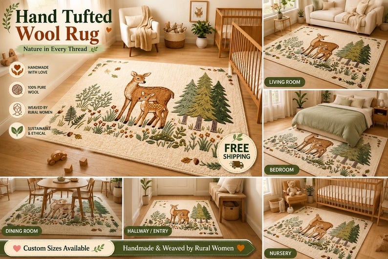 May include: A hand-tufted wool rug featuring a cream-colored background with a forest scene including a deer and fawn, green pine trees, and colorful wildflowers. The rug is displayed in various room settings including a living room and nursery.
