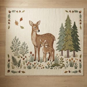 Hand tufted woodland rug featuring a mother deer and spotted fawn surrounded by pine trees, wildflowers, acorns, and botanical leaves on a cream background. Displayed in a natural wood Scandinavian nursery with a white armchair and wooden crib. Perfect as a baby nursery rug, boho living room rug, or unique baby shower gift. Made from premium wool in forest green, warm brown, and sage tones.