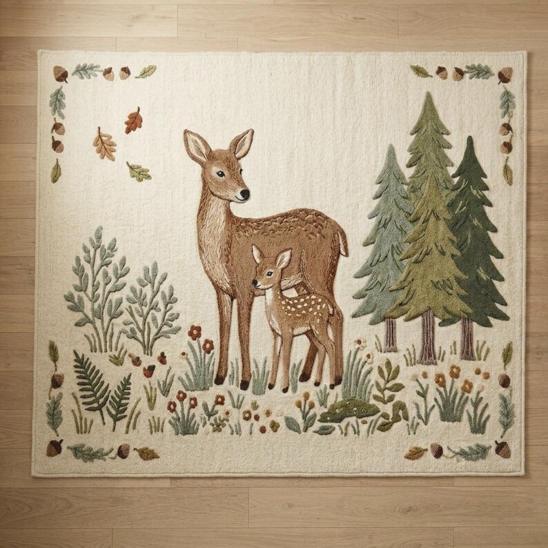 Hand tufted woodland rug featuring a mother deer and spotted fawn surrounded by pine trees, wildflowers, acorns, and botanical leaves on a cream background. Displayed in a natural wood Scandinavian nursery with a white armchair and wooden crib. Perfect as a baby nursery rug, boho living room rug, or unique baby shower gift. Made from premium wool in forest green, warm brown, and sage tones.