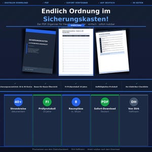 Può includere: Un prodotto scaricabile digitalmente intitolato "Endlich Ordnung im Sicherungskasten!" in tedesco. L'immagine mostra una copertina blu scuro con il titolo e un'anteprima delle pagine interne. Include un elenco di funzionalità e un download PDF.