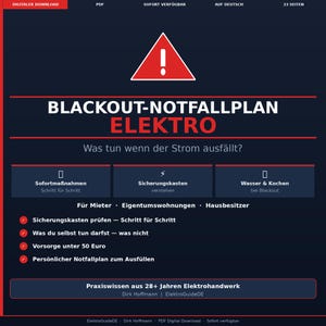 以下が含まれることがあります： ドイツ語で「BLACKOUT-NOTFALLPLAN ELEKTRO」と題されたデジタルダウンロードで、赤い感嘆符の警告記号が付いています。このドキュメントは、停電時の緊急事態への備えについて扱っており、即時対応に関するセクションが含まれています。