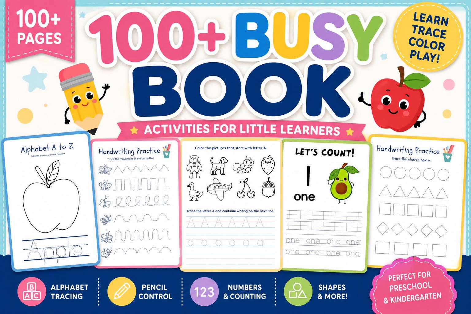 100+ Page Busy Book Printable Preschool Learning Binder, Toddler Activities (Digital Download)