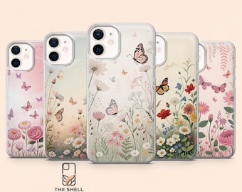 Wildflower Phone Case Floral Butterfly Cover for iPhone 17Pro, 16, 15, 14, 13, 12, Samsung S26, S25, S24, S23Fe, S22, A16, A56, Pixel10,9Pro