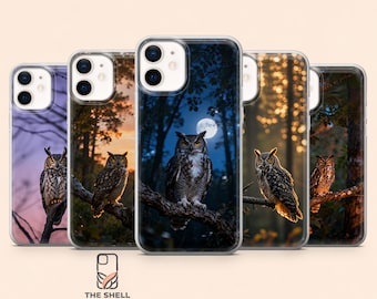 Custodia per telefono con gufo, cover intelligente con uccello notturno per iPhone 17 Pro, 16, 15, 14, 13, 12, Samsung S26, S25, S24, S23Fe, S22, A16, A56, Pixel 10, 9 Pro