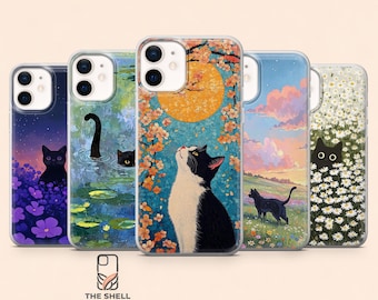 Cover per telefono con gatto nero, ideale per gli amanti dei gatti, compatibile con iPhone 17Pro, 16, 15, 14, 13, 12, Samsung S26, S25, S24, S23Fe, S22, A16, A56, Pixel10, 9Pro.
