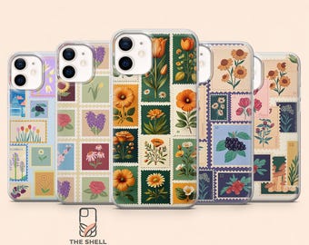 Cover per telefono con francobollo, motivo floreale vintage, compatibile con iPhone 17 Pro, 16, 15, 14, 13, 12, Samsung S26, S25, S24, S23Fe, A16, A56, Pixel 10, 9 Pro.