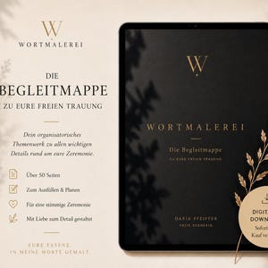 Könnte beinhalten: Ein digitales Tablet mit einem schwarzen Cover, das den goldenen Text WORTMALEREI, Die Begleitmappe und Daria Pfeiffer zeigt. Der Bildschirm präsentiert einen Hochzeitsplaner mit über 50 Seiten und einem runden Symbol für den digitalen Download.