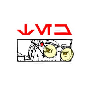 Könnte beinhalten: Ein weißer Aufkleber mit einem roten Symbol und Text über einer Schwarz-Weiß-Illustration eines Auges und einer Brille. Die Brille hat gelbe Gläser mit braunen Augen.