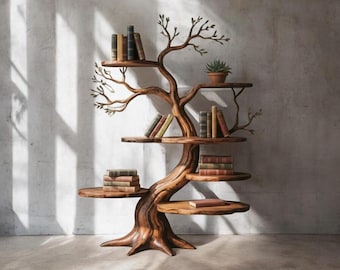 Freestanding Tree Bookshelf – Handcrafted Wooden Tree Bookcase, Sculptural Floor Shelf, Nature-Inspired Storage