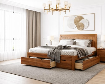 Solid Wood Storage Bed Frame – Minimalist Platform Bed with Drawers