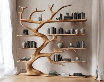 Estantería de pared de madera con forma de árbol: estantería escultural con forma de árbol, almacenamiento moderno y orgánico, mueble artesanal con personalidad.