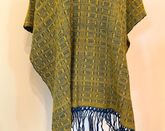 Handwoven Indigo Blue + Wild Marigold Designer Wool Poncho, Natural Dyes, Mid-Weight, Oaxaca, Mexico