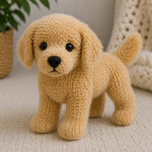 Puede incluir: Un cachorro tejido a mano de color amarillo dorado, con nariz y ojos negros. El peluche tiene orejas caídas y una cola pequeña. El perro está de pie sobre una superficie de color neutro, mostrando su aspecto suave y texturizado. Un encantador peluche.