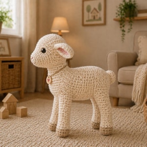 May include: A cream-coloured crocheted lamb figurine. The lamb has a small wooden heart pendant and pink inner ears. It stands on four legs with brown hooves. The background includes a neutral-toned room with a rug and wooden furniture.