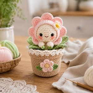 Può includere: Una bambola a forma di fiore all'uncinetto fatta a mano in un vaso. La bambola ha una copertura per la testa a forma di fiore rosa e un viso sorridente. Il vaso è marrone con un'applicazione di fiori rosa e foglie verdi. La bambola è su un tavolo di legno.