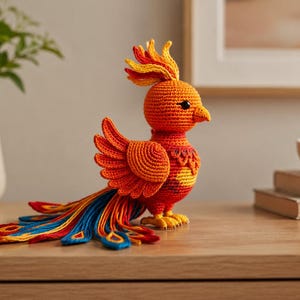 May include: A handcrafted crochet phoenix bird figurine in shades of orange, yellow, and blue. The bird has detailed wings and a long, flowing tail. The figurine is displayed on a wooden surface.