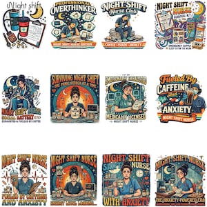 May include: A collection of twelve colorful stickers featuring illustrations of nurses working night shifts, including various medical items like stethoscopes, coffee cups, and clipboards, with text such as Night Shift, Nurse Club, and Fueled by Caffeine.