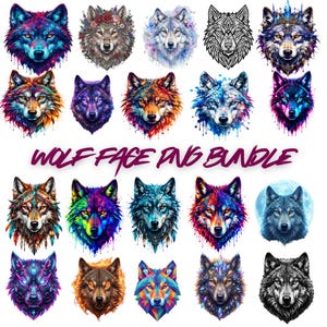 Puede incluir: Una colección digital de veinte ilustraciones de cabezas de lobo con diversos estilos artísticos, incluyendo salpicaduras de acuarela, patrones geométricos, acentos florales y paletas de colores neón vibrantes con el texto WOLF FACE PNG BUNDLE.