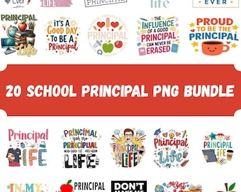 Puede incluir: Una colección digital de 20 diseños gráficos con temática de director de escuela que presenta tipografía colorida, ilustraciones de manzanas, libros, tazas de café y útiles escolares con frases como Best Principal Ever y Principal Life.
