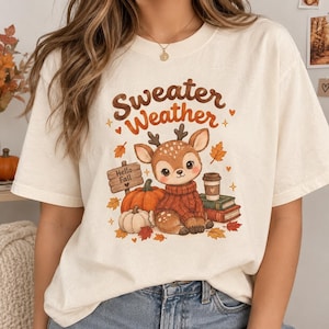 Diseño de camiseta con estampado otoñal de ciervos y suéter, estilo retro (descarga digital).