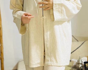 Conjunto de lino de 2 piezas para mujer, blusa tipo túnica holgada y pantalón, conjunto minimalista para estar en casa, conjunto beige natural, ropa hecha a mano.