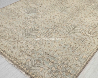Muted Oushak Rug, Handmade Wool Area Rug in Sage Green & Beige