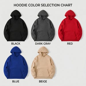 Op de afbeelding: Een kleurenselectietabel met vijf hoodies in zwart, donkergrijs, rood, blauw en beige. Elke hoodie heeft een voorzak en een capuchon. De tekst "HOODIE COLOR SELECTION CHART" staat bovenaan.