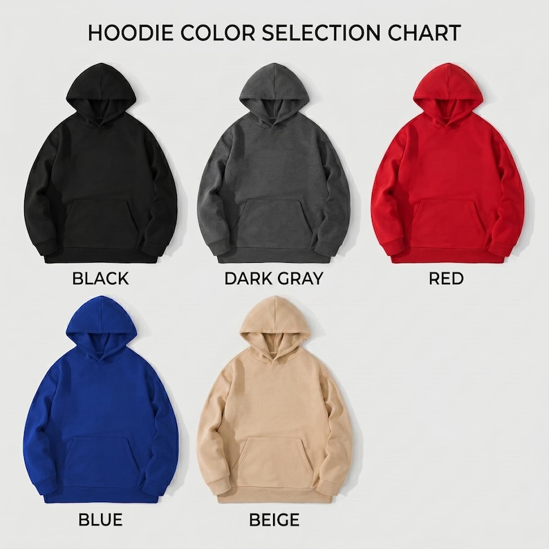 Op de afbeelding: Een kleurenselectietabel met vijf hoodies in zwart, donkergrijs, rood, blauw en beige. Elke hoodie heeft een voorzak en een capuchon. De tekst "HOODIE COLOR SELECTION CHART" staat bovenaan.