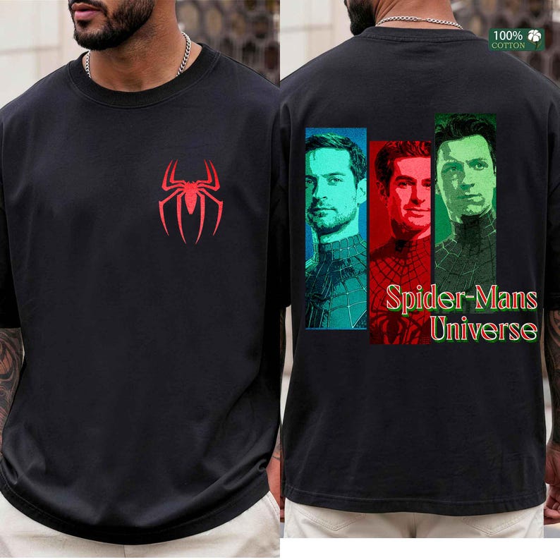 May include: A black short-sleeved t-shirt featuring a red spider logo on the front chest. The back displays three rectangular portraits of different characters in teal, red, and green, with the text Spider-Mans Universe printed below.