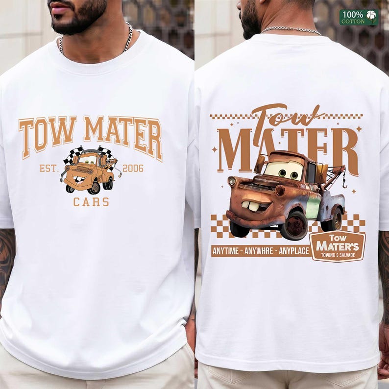 Disney Cars Tow Mater T- Shirt,Tow Mater Front and Back Graphic Hoodie,Retro Cars Movie Graphic Top,Vintage Style Racing Tee image 6