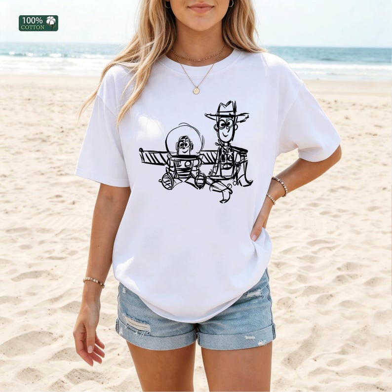 Toy Story T-Shirt, Buzz and Woody Line Art Tee, Disney Graphic Top, Hand Drawn Style Woody Buzz Hoodie
