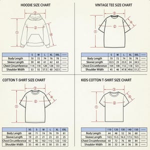 May include: A comprehensive size chart graphic featuring four distinct sections for a hoodie, vintage tee, cotton t-shirt, and kids' cotton t-shirt. Each section includes a line drawing of the garment with numbered measurement indicators and a table.