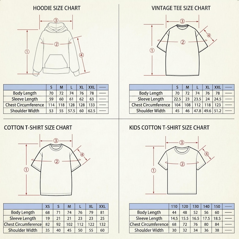 May include: A comprehensive size chart graphic featuring four distinct sections for a hoodie, vintage tee, cotton t-shirt, and kids' cotton t-shirt. Each section includes a line drawing of the garment with numbered measurement indicators and a table.