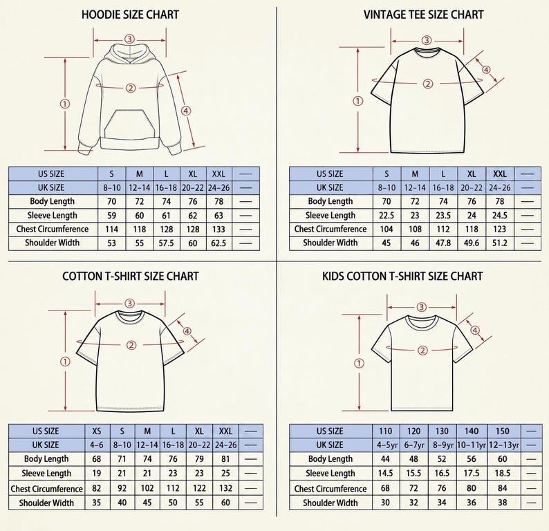 May include: A chart displaying size information for hoodies, vintage tees, cotton t-shirts, and kids' cotton t-shirts. The charts include measurements for body length, sleeve length, chest circumference, and shoulder width in inches.
