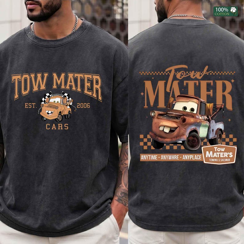 Disney Cars Tow Mater T- Shirt,Tow Mater Front and Back Graphic Hoodie,Retro Cars Movie Graphic Top,Vintage Style Racing Tee