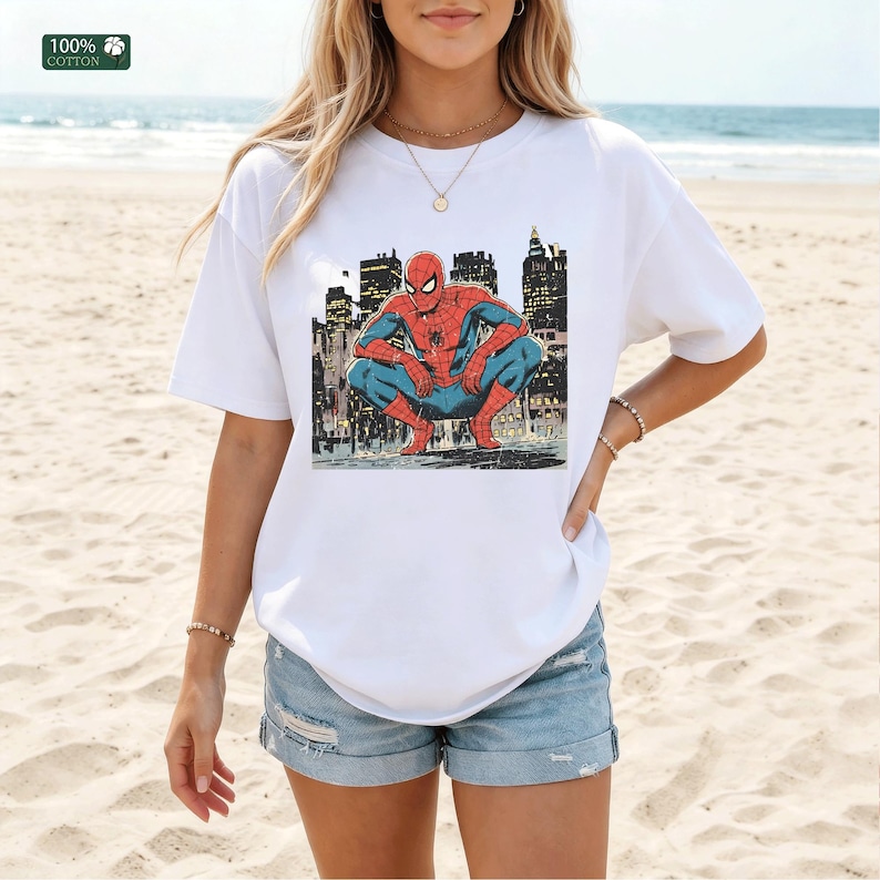 Spider-Man T-Shirt, Marvel City Skyline Tee,  Retro Spider-Man Web Slinger tee, Superhero Fan outfit