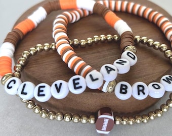 Zestaw bransoletek z koralików Cleveland Browns Stretch | Brązowo-pomarańczowa biżuteria na mecz | Ręcznie robiony prezent dla kibica futbolu