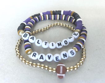 Zestaw bransoletek z koralików Baltimore Ravens Stretch | Fioletowo-czarna biżuteria na mecz | Ręcznie robiony prezent dla kibica futbolu