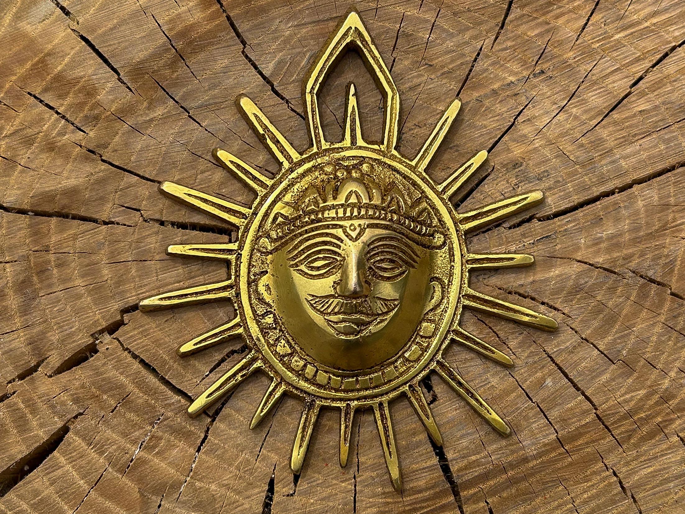 Brass Surya Wall Hanging, Sun God Mask Plaque, Hindu Solar Deity