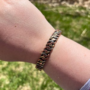 Interlocking Mixed Metal Chain Cuff - Braided Copper Brass Silver Scale Bangle - Woven Link Statement Jewelry - Adjustable Two-Tone Bracelet