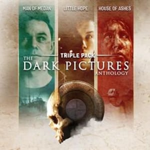 Könnte beinhalten: Das Spielcover von The Dark Pictures Anthology Triple Pack. Das Cover zeigt drei vertikale Panels mit Charakterporträts und den Spieletiteln "Man of Medan", "Little Hope" und "House of Ashes". Ein Schädel und der Titel des Spiels sind im Vordergrund.