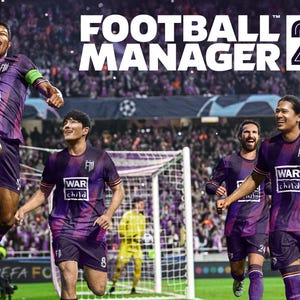 Peut inclure: Image d'un match de football avec des joueurs en uniformes violets et noirs. Le texte "FOOTBALL MANAGER 2024" est affiché en haut. Les joueurs célèbrent un but.