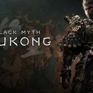 May include: Promotional image for "Black Myth: Wukong" showing a character in elaborate gold and black armour. The character has a monkey-like face, set against a dark, textured background with the game's title in white.