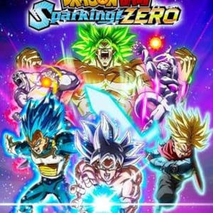 May include: Promotional artwork for "Dragon Ball: Sparking! Zero" showing multiple characters in action poses. The image includes Broly, Goku, Vegeta, Frieza, and others, set against a purple, starry backdrop. The game's title is displayed at the top.