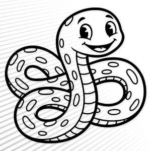 Könnte beinhalten: Eine schwarz-weiße Strichzeichnung eines Cartoon-Schlangen-Motivs mit lächelndem Gesicht und großen Augen. Die Schlange hat einen geringelten Körper mit ovalen Flecken und einem segmentierten Bauch auf einem Hintergrund aus feinen Diagonalstreifen.