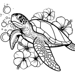 Op de afbeelding: Zwart-wit illustratie van een zeeschildpad met bellen en hibiscusbloemen. De schildpad heeft een patroon op de schild en vinnen. De bloemen staan in volle bloei en geven het ontwerp een tropisch tintje.