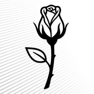 Könnte beinhalten: Eine schwarze grafische Silhouette einer einzelnen Rose mit geschlossener Knospe, einem schlanken Stiel und einem Blatt, das nach links ragt. Das Design zeichnet sich durch kräftige, klare Linien und eine kontrastreiche, flache Darstellung aus.