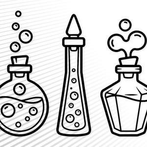May include: A black and white line art illustration featuring three distinct glass bottles. The first is a round flask with bubbling liquid, the second is a tall slender bottle with a pointed stopper, and the third is a faceted bottle with vapor.