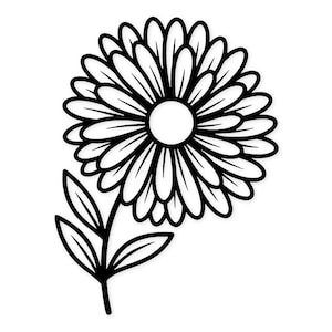 Può includere: Illustrazione in bianco e nero di un fiore di margherita. Il fiore ha più petali che circondano un cerchio centrale. Uno stelo con due foglie si estende dal fiore. L'immagine è una semplice illustrazione grafica.