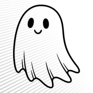 Op de afbeelding: Een eenvoudige zwart-wit lijntekening van een spookfiguur. Het spook heeft een afgeronde kop, een gebogen glimlach en twee effen zwarte ovale ogen. De onderkant van het spook is afgebeeld met drie duidelijke, golvende punten voor een effect.